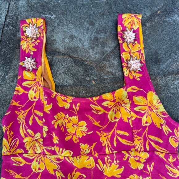 ZARA Floral Mini Dress M Pink Yellow Square Neck Embellished Straps - Picture 3 of 12